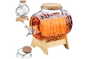 KADAX Tunna 3 l med kran, fatformad dryckesdispenser av glas, fat med tappkran, transparent dispenser med träunderlägg, alkoh