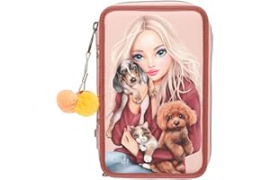 Depesche 13673 TOPModel Fur Ever Friends - Gefüllte 3-Fach Federtasche in Rosa und Kupfer, mit Model Motiv, Hund und Katze, Federmappe mit Buntstiften, Schere, Lineal UVM.