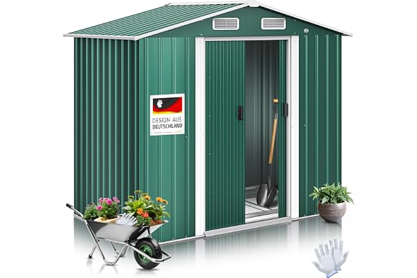 KESSER® Abri de Jardin XL en métal de 4,2 m³ avec Fondation, Gants de Travail, 182 x 118 x 186 cm, 2 Portes coulissantes, Abri à Outils, Armoire, Toit à Pente de Jardin Vert