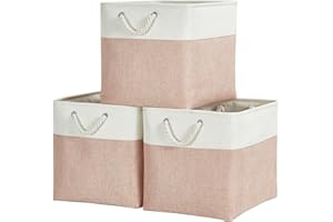 Mangata Fabric Storage Boxes, 25x25x25cm Cube Storage Boxes for Organizing Clothes Shelf Nursery Home Closet(Pink/White, Set of 3)
