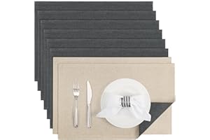 Banchif Manteles Individuales Lavables Juego de 8 Manteles Individuales de Lino Antideslizantes salvamanteles Individuales de Doble Cara 45 X 30 cm (Gris-Beige, Rectangular Juego de 8)