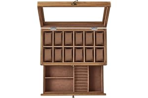 SONGMICS pudełko na zegarki z 12 przegródkami, 2-poziomowe drewniane etui na zegarek z dużą szklaną pokrywką, poduszki do zegarków, aksamitna podszewka, pudełko na biżuterię, prezent dla