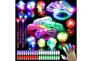 Mikulala 64PCS Light Up Toys Glow in the Dark Birthday Party Supplies for Kids Adults Christmas Gifts with 40 Finger Lights, 8 Jelly Rings, 4 Flashing Glasses, 8 Bracelets, 4 Fiber Optic Hair Lights