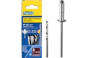 Rapid Blindnitar ALU universell Ø 4,8 mm, 19–22 mm klämområde, 50 st. nitar, set inklusive borr, för blindnitstänger