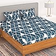 BEDSPUN Bedsheet for Double Bed Set of 1 Microfiber Bedsheet with 2 King Size Pillow Cover, Blue - White Bed Sheet Geometric Design, bedsheets : 220 x225 cm, Pillow: 40x60 cm, Perfect for Home Decor