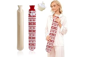 Shyllin 2L Bottiglia Gommata Extra Lunga, 72cm,Borsa Acqua Calda Lunga,Borsa Acqua Calda con Maglieria Copri,per Dolori a Spalle e Collo,Impacco Caldo per Vita e Mestruazioni (Fiocchi di neve rossi)