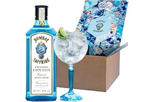 Caja regalo de Bombay Sapphire London Dry Gin con copa balón de cristal, 40% Vol., 70 cl / 700 ml, bebida espirituosa 100% infusionada al vapor con 10 botánicos seleccionados a mano