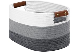 Patvingot Woven Cotton Rope Storage Basket for Shelves,with Detachable Leather Handles for Closet Storage, Laundry Baskets,Toy Towel Storage, Baskets for Bathroom Organizer (Light Grey&Grey, 1 Pack)