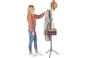 ZOBER High-Grade Wooden Tree Coat Rack Stand, 6 Hooks - Super Easy Assembly NO Tools Required - 3 Adjustable Sizes Free Standing Coat Stand, Hallway Coat Hanger Hat Stand, for Handbag, Clothes & Accessories