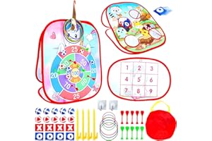 AOTTOM 5 in 1 Bean Bag Toss Games Unicorn Toys with 10 Sticky Balls, 8 Bean Bags and 6 Rings, 10 Darts, Portable Indoor Outdoor Kids-Best Party Garden Games Toys Gifts for Boys Girls