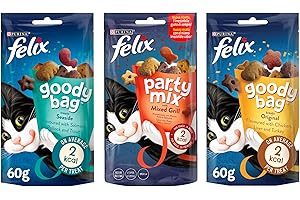 PHELEAM Felix Goody Bag Cat Treats Bundle - Mixed Grill (Beef, Chicken & Salmon), Seaside (Salmon, Pollock & Trout), Original (Chicken, Liver & Turkey) 60g Each Pack, Tasty Nuggets With Lots of Flavour