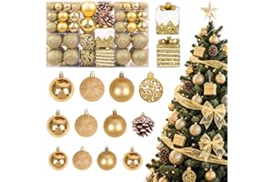 JHWELRG Weihnachtsdeko 101tlg Weihnachtskugeln Set,mit Gold Matt, Glänzend,Glitzernd,Weihnachtsbaumkugeln Kunststoff Set und Tannenzapfen Weihnachtsbänder für Adventskalender Weihnachtsbaum Deko