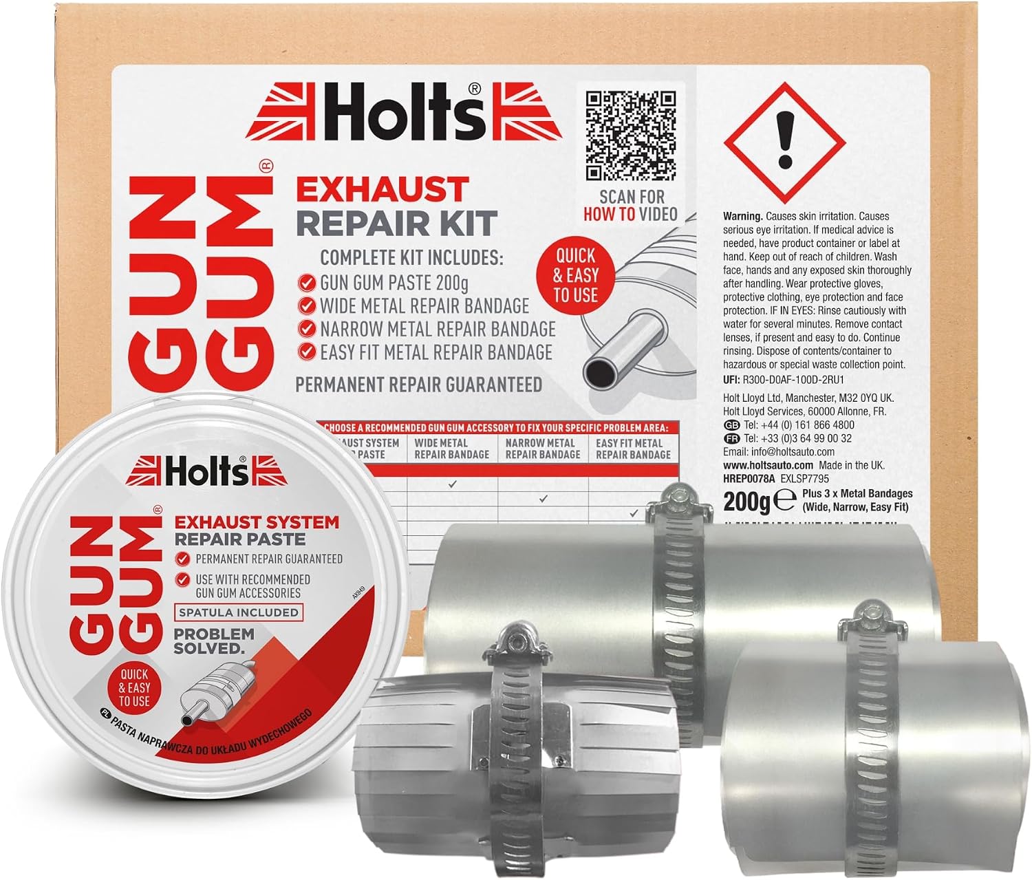 Holts Gun Gum Exhaust Repair Kit Permanent Gas-Tight Exhaust Fix Repair Paste + 3 Metal Bandages MOT Repair Solution