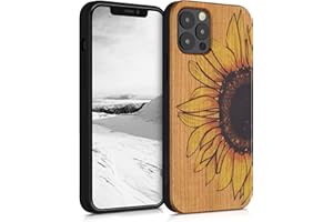kwmobile Carcasa Compatible con Apple iPhone 12 / iPhone 12 Pro Funda - Funda de Madera de Cerezo con Bumper antigolpes - Girasol sobre Madera