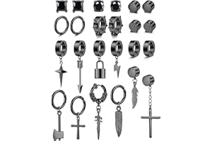 Diamday 24 pezzi di orecchini finti in acciaio inox Clip su orecchini per gli uomini Croce catena orecchini a penzoloni non forati Huggie Hoop Orecchini neri per gli uomini donne