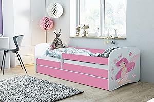 ‎BJIRD Bjird Kinderbett Jugendbett 70x140 80x160 80x180 Rosa mit Rausfallschutz Schublade und Lattenrost Kinderbetten für Mädchen - Fee mit Schmetterlingen 160 cm