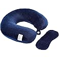 Amazon Basics Travel Neck Pillow + Sleeping Eye Mask Combo I Head Rest Travel Pillow with Comfortable Sleeping Eyemask I Soft Velvet| Navy Blue