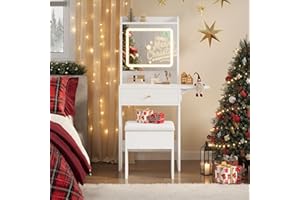 KIMENICH Toeletta Con Luci LED - Tavolo da Trucco Piccolo Con Sgabello, 3 Tonalità, Luminosità Regolabile, 1 Pannello Pieghevole, Specchio, Ripiani Regolabili, Bianco