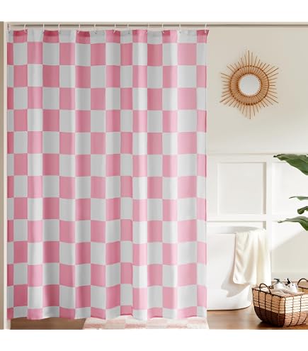 Rosa Karierter Duschvorhang – Retro Style, Wasserdicht, 180x180 Cm, Mit 12 Haken, Für Badezimmer, Wohnung Oder WG