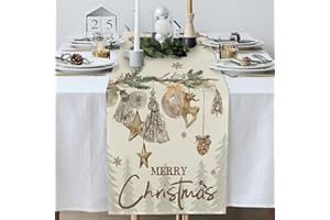 SSKHE Runner da Tavolo di Natale 33x183cm, Decorazioni Natalizie per Tavolo con Alberi, Cervi, Campane e Fiocchi di Neve, Runner da Tavolo Oro e Argento per Cucina, Sala da Pranzo, Feste Natalizie