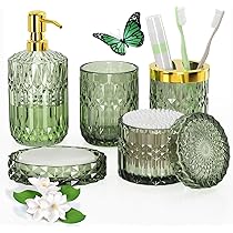Set Accessori Bagno Verde Vetro Diamantato, 4 Pezzi: Dispenser Sapone, Portaspazzolino, Barattoli Per Cotone, Regalo Elegante