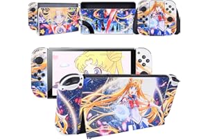 DLseego Pegatina Compatible con Switch OLED, Juego Completo de Calcomanías de Placa Frontal para Switch OLED Consola y Controlador Joy-con y Base, Azul Sailor Moon
