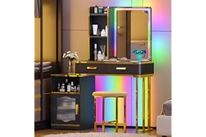 Lvifur Toletta RGB con ricarica wireless,toletta dimmerabile a sette colori con vani portaoggetti e sgabello in velluto, toletta con connessione USB TYPE-C Adatto per soggiorno camera da letto