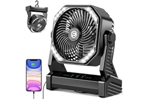 Amacool 20000mAh Battery Operated Fan with LED Lantern 8 inch Rechargeable Camping Fan with Hook for Tent Car Travel Jobsite Fishing Outdoor Hurricane Power Outage (Black)…