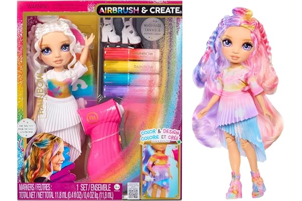 RAINBOW HIGH Air Brush & Create - 1 Poupée Mannequin DIY avec Kit Airbrush Market Kit, Marqueurs Arc-en-Ciel Lavables, Cheveux Longs, Yeux Violet, Jeu Créatif de 4 Ans à 12+.
