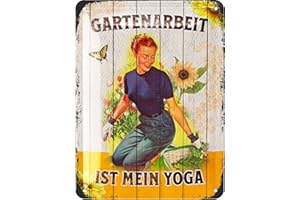 LANOLU Cartel de chapa retro con texto en alemán "Gartenarbeit IST Mein Yoga" con refranes, idea de regalo para el jardín, 15 x 20 cm