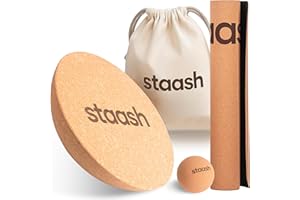‎STAASH STAASH® Kork-Halbkugel – Balance Trainer Ø30 cm aus Naturkork – Für Yoga, Reha, Fitness & Boardsport – Optional mit Tragebeutel, Antirutschmatte & Massageball – Umweltfreundlich