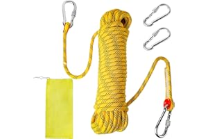 WeeGoo 20M Climbing Rope, 10 mm Thick Multifunctional Cord Safety Rope with 2 Carabiners, Outdoor Rope for Hiking Camping Exploration Caving Fishing Rescue Emergency Escape (Yellow)