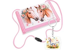 KUVARIX Brustbeutel Kinder, Dreifach Gefaltete Geldbörse mit Schlüsselanhänger, Kinder Portemonnaie für Jungen & Mädchen, Kindergeldbörsen Einschulung Geschenk, Geldbeutel zum Umhängen (Pferd)