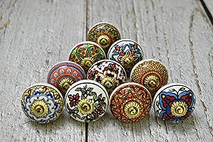 ARTISNO Lot de 10 boutons de porte en céramique faits à la main pour armoire de cuisine - Doré mandala