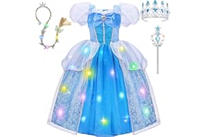MELAND Princess Costumes for Girls, Blue Light Up Princess Dress Up with Butterfly Wig for Girls Age 3-10, Fancy Dress for Kids & Toddlers Halloween (M)