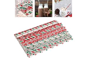 ROWJOW 50pcs Christmas Decorations Paper Straws, Red White Green Drinking Straws in Snow Flakes/Xmas Tree/Stars/Stripes/Gifts Pattern for Christmas Party Table Decor Home Bar Crafts DIY, Biodegradable
