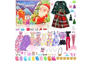 FESTFUN 2025 Calendrier de l'Avent Calendrier de Compte à Rebours de Noël Surprise Y Comprise 54 Pcs Vêtements & Accessoires de Poupée Robes, Tenues, Chaussures de Poupée, etc. Calendrier du Festival de Noël