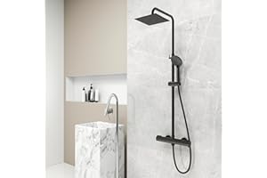 AICA SANITARIOS S.L Aica Sanitarios Columna de Ducha Termostática Negro Mate Cuadrada Alcachofa de Ducha con Barra Redondo Rociador de Mano 3 Tipos de Chorro Ajustable Ducha Lluvia para Baño