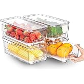 Anteabee 4 Pack Stackable Fridge Storage Organisers, Pull Out Fridge Storage Containers with Lid, Clear Large Fruit Drawer Or