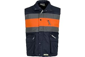 Work Team Chaleco acolchado y multibolsillos con dos cintas reflectantes y tejido de alta visibilidad. HOMBRE