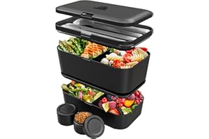 ‎UMAMI Umami Lunchbox Erwachsene, Verschachtelbar Auslaufsichere Bento Box mit 4 Bestecke & Fächern, Brotdose Erwachsene, Salatbehälter To-Go, Lunch Box für Picknick/Büro, Schwarzer Onyx, 1500 ml