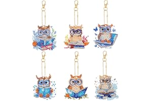JSRQT 6 Pieces 5D DIY Diamond Keychains Double Sided Full Drill Diamond Stickers Painting Kits Owl Diamond Pasted Painting Keychain Kit for Women Purse Backpack Handbag Decor Key Chain Keyring