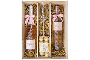 SPARKLEWARE Rosé 75cl Gift Set Hamper (75cl x 2) with a Metallic Pink Champagne Flute, Ferrero Rocher Chocolates and Gift Box - Birthday, Rosé Wine Gifts for Women (Rosé Duo Pink Stem)