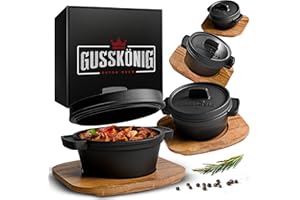 ‎GUSSKÖNIG GUSSKÖNIG Dutch Oven Set Mini mit Holz-Untersetzer - 4x 300ml Gusseisen Mini Topf mit Deckel - eingebrannter Mini Dutch Oven - Mini Cocotte Gusseisen Servierpfännchen
