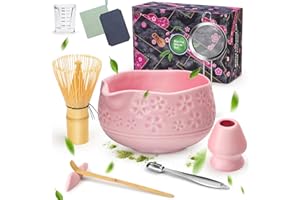 LumenVela Matcha Kit, 10 Pezzi Matcha Set Rosa Ciotola Matcha con Beccuccio, Frusta Matcha, Colino, Supporto per Frusta in Ceramica, Regalo per Gli Amanti del Matcha, Gli Amici e la Famigliaa (Rosa)