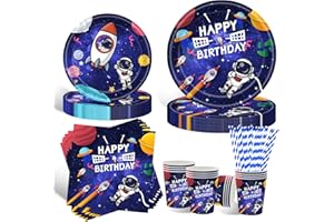 HFBOBP Weltraum Partygeschirr Set, 10 Gäste Astronaut Teller Set, Mit Pappteller Und Becher Servietten Deko Partyzubehör für Kindergeburtstag Deko Junge Mädchen Motto Party