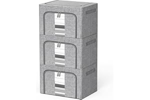 EYELEAF Storage Bags with Zips, 3PCS Linen Clothes Storage Bag 24L 66L 100L Large Storage Bags Foldable with Metal Frame Lid Clear Window Durable Handles for Clothes Bags (100L)