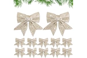 COLOFALLA 12 Stück 12x15cm Weihnachtsschleifen Weihnachten Schleifen Glitzer Weihnachtsbaumschmuck Deko für Weihnachtsbaum Weihnachtskranz Tannenbaum Weihnachtsbaumschleifen (Champagner)
