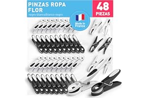 culiclean Pinzas Ropa Fuertes – 48 Pinzas para Tender Ropa Que No Dejan Marca – Plástico Resistente y BPA-Free – Fabricado en Francia – Flor, Negro-Blanco/Blanco-Negro