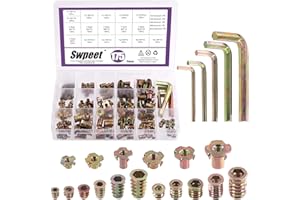 Swpeet Lot de 175 écrous filetés métriques M4 M5 M6 M8 M10 en acier au carbone plaqué zinc et écrous en T à 4 griffes avec assortiment de clés pour meubles en bois